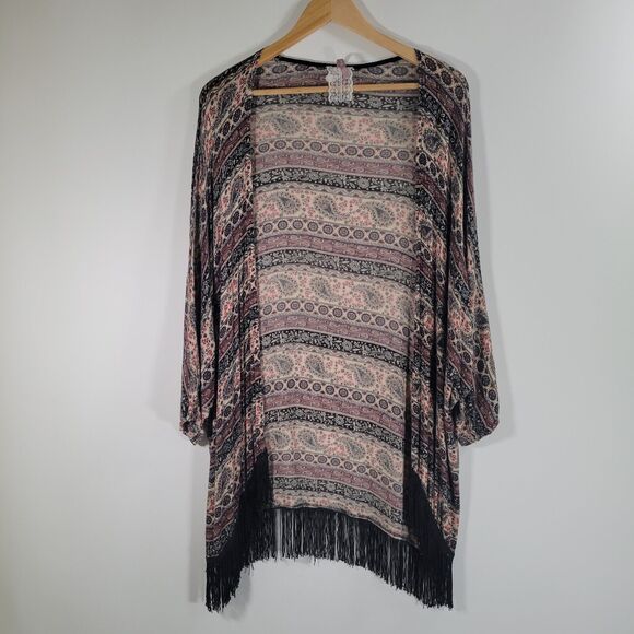 MAUVE Paisley Open Front Kimono Cardigan Size L Fringe Dolman Sleeve Soft Stripe - Picture 7 of 7